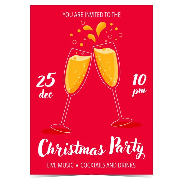クリスマスパーティー招待ベクトルテンプレート 赤い背景にシャンパンの2つのクリンクグラスとクリスマスパーティーのバナー ポスター 招待状カードまたはグリーティングカード クリスマスのお祝い招待 — ストックベクタ