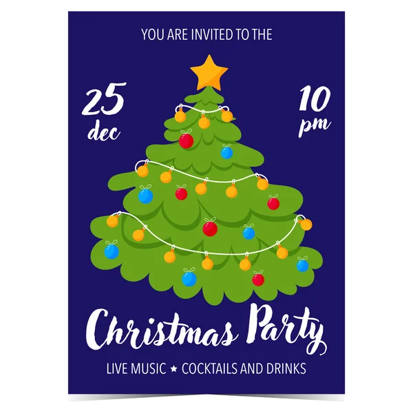 クリスマスパーティーの招待状クリスマス イブを祝うために 青い背景に装飾されたクリスマスツリーを持つクリスマスパーティー招待カード フラットスタイルのベクトルイラスト Print — ストックベクタ