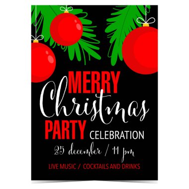 Christmas celebration party poster, banner, invitation card with red Christmas decorations, pine or Christmas tree branches on black background. Vector illustration in flat style. Ready to print. clipart