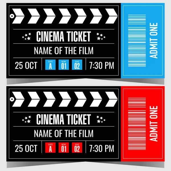 stock vector Cinema ticket vector design template in the form of cinematography clapperboard or dumb slate. Film ticket with movie title, date, time and bar code suitable for web, social posts or ready to print.