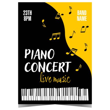 Canlı piyano müzik konseri ya da festival tanıtım afişi ya da sarı arka planda siyah kuyruklu piyano ve notaları olan bir poster. Piyano konseri için davetiye broşürü veya broşür temsilciliği.
