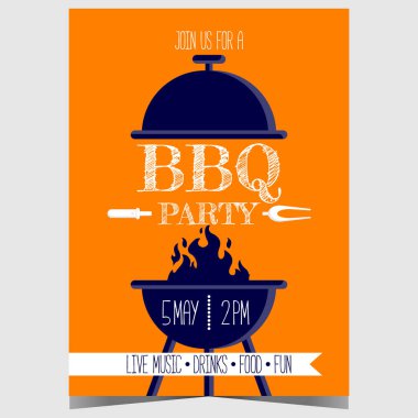 Barbekü partisi posteri ya da pankart tasarımı şablonu biftek, domuz eti, tavuk ve sosis kızartmaya hazır. Barbekü ailesinin hafta sonu promosyonu için vektör illüstrasyonu. Yazdırmaya hazır.