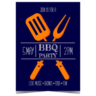 Barbekü partisi davetiyesi posteri ya da ızgara için çatal ve döner spatula ile pankart. Yaz sonu pikniği için barbekü etkinliği tanıtımı, et pişirme, biftek ızgara ve sosis kızartma..