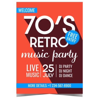 Turuncu arka planda Retro Müzik Partisi vektör çizimi. 70 'lerin retro konseri, festivali, disko dansı etkinliği için tanıtım afişi, poster, broşür veya broşür, eski usul gece kulübü davetiyesi..