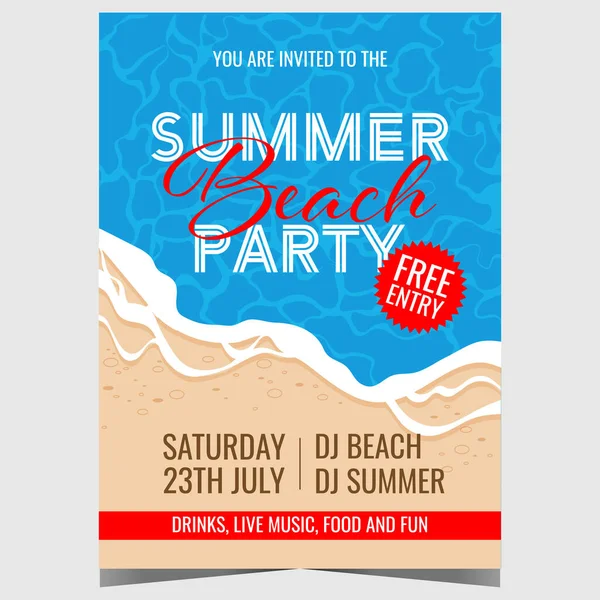 背景に海の波と砂浜と夏のビーチパーティーベクトルイラストデザイン プロモーションポスター バナー 休暇中のエキゾチックで熱帯のエンターテイメントイベントの招待チラシ — ストックベクタ