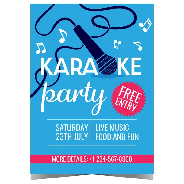 Музичний Плакат Karaoke Або Вітальник Запрошень Мікрофоном Музичними Нотами Синьому — стоковий вектор
