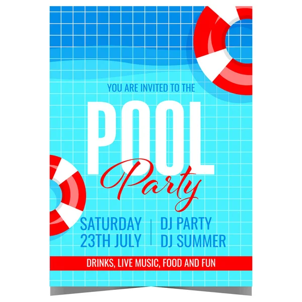 Havuz partisi vektör şablonu havuz kenarında şişirilebilir kırmızı-beyaz yüzme halkaları. Yaz boyunca eğlence ve eğlence için davetiye broşürü, reklam afişi ya da afişi.