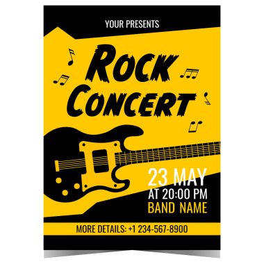 Elektro gitarlı rock konseri tasarım şablonu ve siyah sarı arkaplan üzerine notalar. Sancak ya da poster, hard rock gösterisi ya da heavy metal müzik festivali için davetiye broşürü ya da broşür.