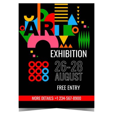 Art exhibition colourful poster with geometric shapes and decorative abstract elements. Vector illustration for museum exposition, photo and painting gallery, famous artists collections fair. clipart