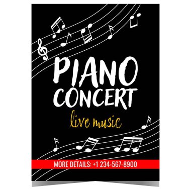 Siyah arka planda beyaz notalarla birlikte canlı piyano müzik konseri afişi. Klasik piyano müzik festivali veya konser duyurusu, bir sonat veya senfoni dinlemek için davetiye broşürü veya broşür.