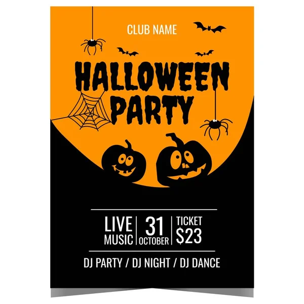 Noční Můra Halloween Party Plakát Děsivé Dýně Pavouci Netopýři Černooranžovém — Stockový vektor