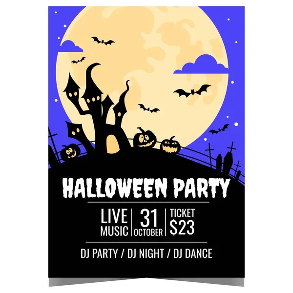 Halloween Party Plakát Velkým Úplňkem Osvětlující Hrad Čarodějnice Strašidelné Dýně — Stockový vektor