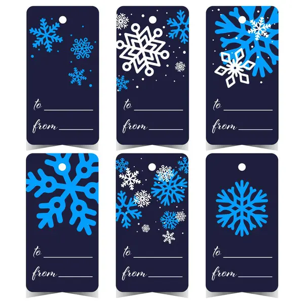 Tagi Świąteczne Etykiety Lub Naklejki Niebieskimi Płatkami Śniegu Otwór Zawiązania — Wektor stockowy
