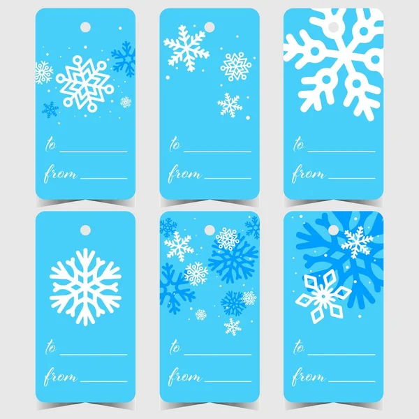 Tagi Świąteczne Lub Etykiety Prezenty Białymi Niebieskimi Płatkami Śniegu Projekt — Wektor stockowy