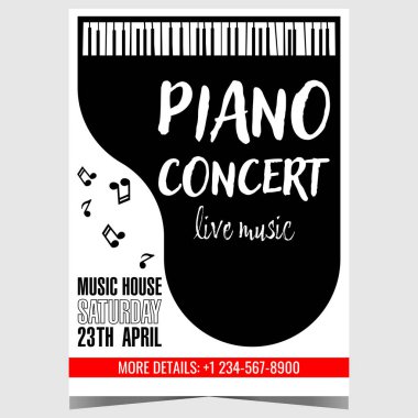 Piyano piyanosu ve beyaz arka planda notaları olan bir konser davetiyesi posteri. Klasik enstrümantal müzik festivali, sanat gösterisi veya karnaval için vektör pankartı, dağıtım veya kapak.