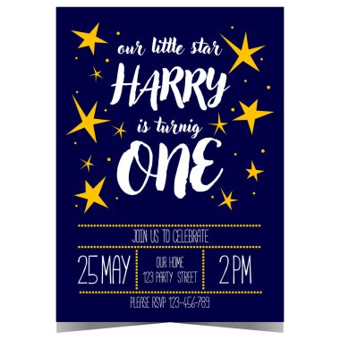 Invitation card for children's birthday party with bright yellow stars on a blue background to celebrate the anniversary with boys and girls in festive and cheerful ambiance. clipart