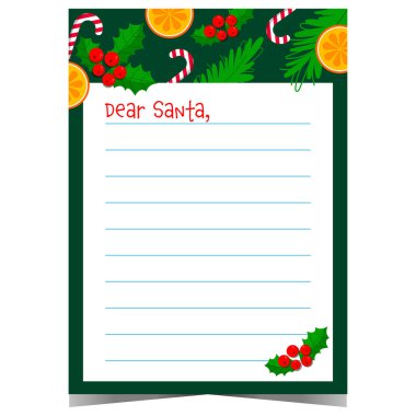Sevgili Noel Baba 'nın Noel dilekleri listesi ve kış tatili süslemeleri. Boş bir kartpostal tasarımı ya da Noel Baba 'ya çocukların mesaj yazması ya da selamlaması için yazılmış bir mektup. Vektörü yazdırmaya hazır.