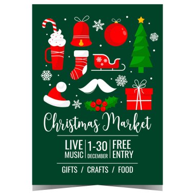 Christmas market or fair invitation poster with traditional holiday decorations on the background. Vector banner, leaflet or flyer associated with the celebration of Christmas during the Advent weeks. clipart