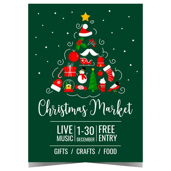 stock vector Christmas market banner with holiday decorations in the shape of a Christmas tree. Christmas fair invitation to celebrate together with family and to feel the festive spirit and miracle of Christmas.