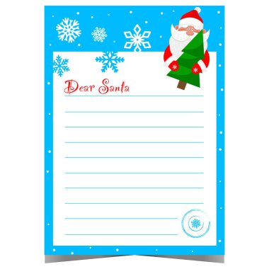 Noel Baba karakterinin elinde bir Noel ağacı, arka planda kar taneleri ve bir mesaj ya da dilek listesi yazmak için boş bir boşluk olan ve tatillerde Kuzey Kutbu 'na göndereceği komik bir Noel mektubu..