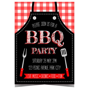 Doğum günü kutlaması ya da piknik, barbekü pişirme, ızgara biftek, domuz eti, tavuk ve sosis için barbekü partisi davetiyesi. Önlüğü, çatalı ve spatulası olan vektör posteri.