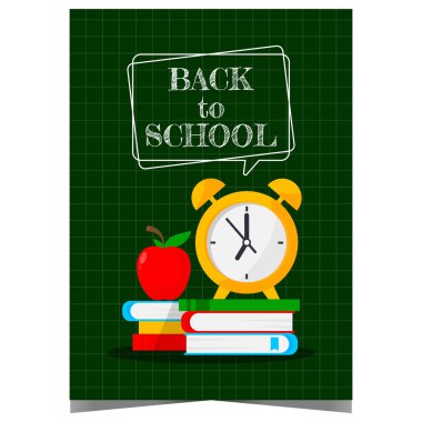 Kitap, alarm saati ve elmayla okul posterine ya da afişine, bilginin sembolüne, karatahta arka planına. Öğrenciler ve öğretmenlerle yeni bir öğretim yılının başlangıcını kutlamak için davet.