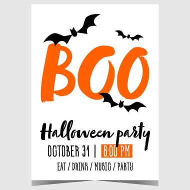Cadılar Bayramı partisi davetiyesi posteri ve korkutucu uçan yarasalar. Trick or Treat etkinliği için taşıyıcı pankart veya broşür ve bayramı tüm geleneklerle neşeli bir şenlik atmosferinde kutlamak.