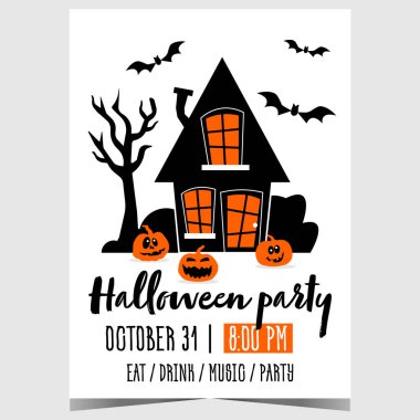 Kâbus evi, korkunç yüzlü balkabakları ve korkunç yarasalarla Cadılar Bayramı partisi afişi. Azizler Günü 'nü eğlence ve eğlence etkinlikleriyle kutlamaya davet etmek için vektör posteri ya da broşür.