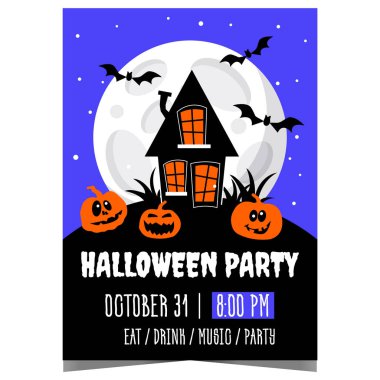 Cadılar Bayramı parti şablonu korkunç yüzlü balkabakları, cadı evi ve gece yarısı karanlığında dolunaya karşı uçan yarasalarla dolu. Web ya da vektör posteri ya da pankart yazdırmaya hazır.