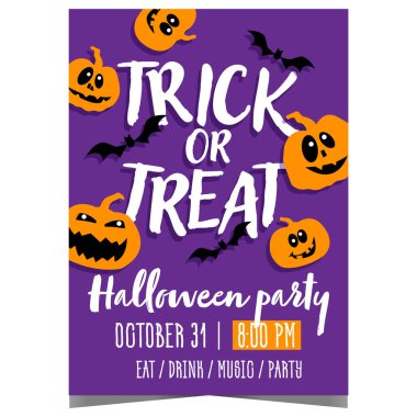 Cadılar Bayramı parti afişi, broşür ya da balkabağı ve yarasalarla arkadaşlarınızı Azizler Günü 'nü kutlamak için davet edin. Vektör tasarımları ağ için hazır ya da yazdırmak için şablon.