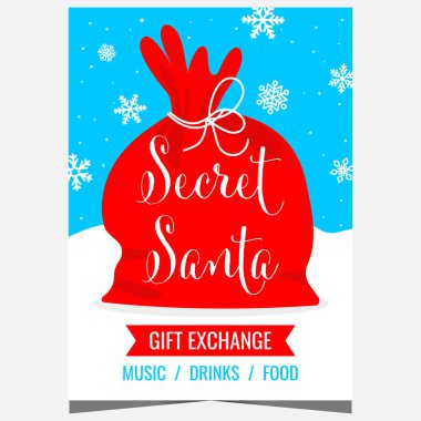 Christmas Secret Santa and gift exchange party invitation template with big red bag full of presents. Vector poster or banner for traditional winter holidays wonderful ritual of gift guessing. clipart