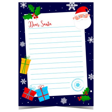 Noel Baba 'ya, kış tatilinde çocuklar tarafından doldurulacak boş çizgilerle dolu boş bir şablon. Dilek listesi için vektör belgesi veya tebrik mesajı içeren Noel kartpostalı.