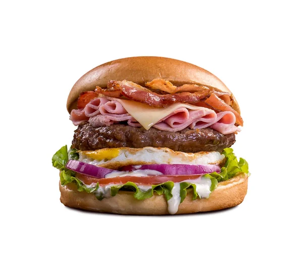 Fresh tasty burger on white background. cheese beef burger consists of bun bread, lettuce, tomato, onion, mayonnaise, and cheddar cheese