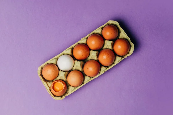 Diez Huevos Pollo Caja Cartón Sobre Fondo Púrpura Vista Superior Imagen De Stock