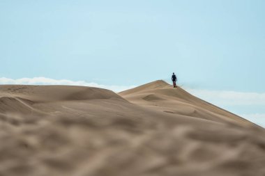 Çöldeki kum tepelerinin arasında bir yürüyüşçü. Mavi gökyüzüyle harika bir gün. Arjantin, Güney Amerika. Yüksek kalite fotoğraf