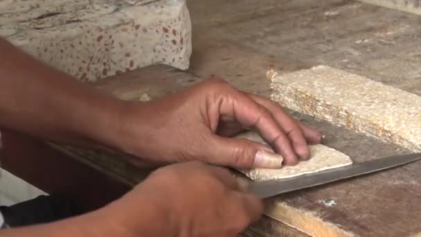 Close Hands Slicing Tempeh — Stock Video