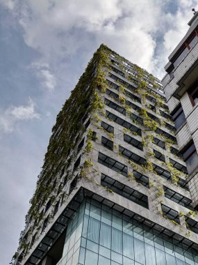 Ön cephesinde yeşil bitkiler büyüyen modern ofis binası. Jakarta 'daki mimari detaylar. Şubat 28, 2025