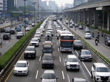 20 Nisan 2025 'te Jakarta Endonezya' da sabah otoyolda trafik sıkışıklığı