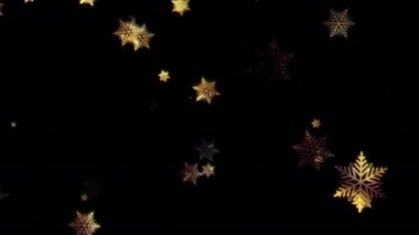 4K döngüsü siyah arka plan animasyonunda parlayan altın kar tanesi. Altın kar taneleri kış karı için animasyon, Noel ve yeni yıl arkaplanı. Kar yağışı 
