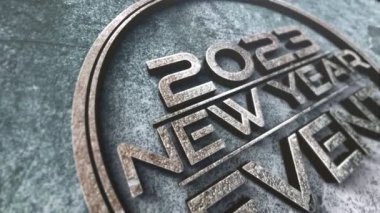 2023 yılının 3D animasyonu Goldent Chrome metin sinemasal başlığı. Karavan kış karı, Noel ve Yeni Yıl etkinliği arka planı için son kapak