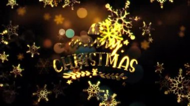 Soyut altın yıldız, siyah arka planda altın kar taneleri olan Mutlu Noeller metninin ışıltısıyla parıldıyor. 