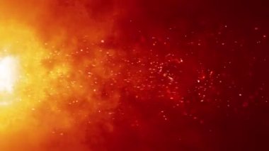 Ateş parçacıklarını döngüye sokun ve turuncu kırmızı arka planda soldan sağa doğru akın. Sinema Arkaplanı. 4K içinde oluşturulan soyut görünümlü parçacık canlandırma arkaplanı taşınıyor. 