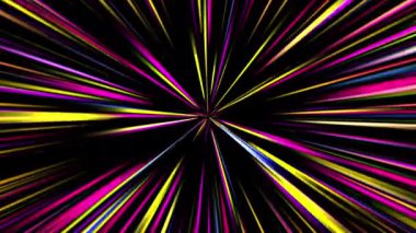 Merkezdeki yıldızın parlaklığından yayılan ışın ışınları ile soyut döngü renkli hız ışığı çok renkli arka plan. 4K 3D fraktal radyan yıldız. Renksiz ışınları sonsuz döngü arkaplanı var..