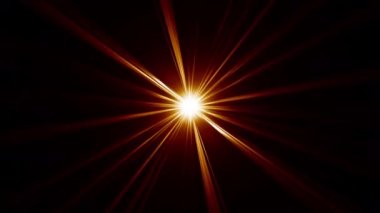4K döngü merkezi, siyah soyut arkaplanda turuncu kırmızı ışık huzmeleri. Lamba ışınları dinamik, parlak video görüntülerini etkiler. Altın parıldayan yıldız optik ışık hareketi.