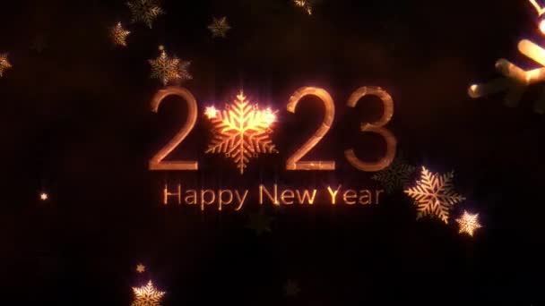 2023 Gelukkig Nieuwjaar Gouden Licht Effect Tekst Met Goud Sneeuwvlokken — Stockvideo