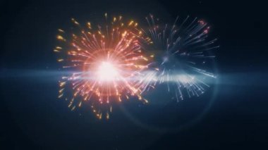 Havai fişek ve işaret fişeği patlaması içeren ziyaret metni için teşekkürler. Sinema başlığı animasyonu. Havai fişek ve işaret fişeği ile siyah arkaplanda yanıp sönen altın parıltı metni.. 