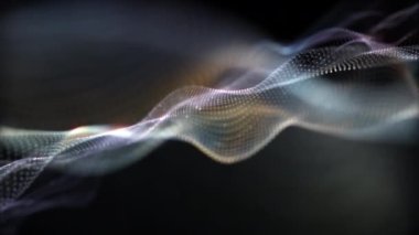 Soyut 3D yorumlama teknolojisi altın noktalar dijital parçacıklar fütüristik hitech teknolojisi konsepti için dalga arkaplanı. 4K kusursuz döngü güzel hareketli dalgalanan noktalar parlayan odaksız parçacıklar. Bilim, İş, Teknoloji