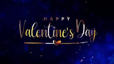 Mutlu Sevgililer Günü animasyonu. Mavi arka planda uçan kağıt kalpler ve titreyen yıldızlı sinemalar içeren altın yazılı mektuplar. 4K 3D romantik Sevgililer Günü Altın Metin Başlıkları VDO 'yu Kutlama görüntüleri.