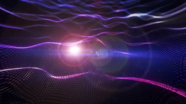 Nft非可解トークンネオングローテキストデジタル粒子波背景を持つ科学技術未来的な3D映画タイトル — ストック動画