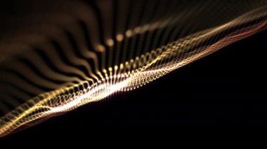 Soyut döngü örgü, parlayan neon altın noktacıkları bilim teknolojisi arka planı için siyah zemin üzerinde dijital, ışıltılı dalga animasyon akışı.